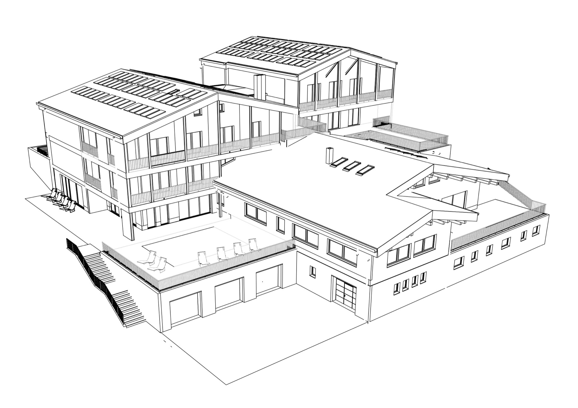 Axonometria BIM modelu alpského hotela — zachované, búrané a nové časti v jednom modeli