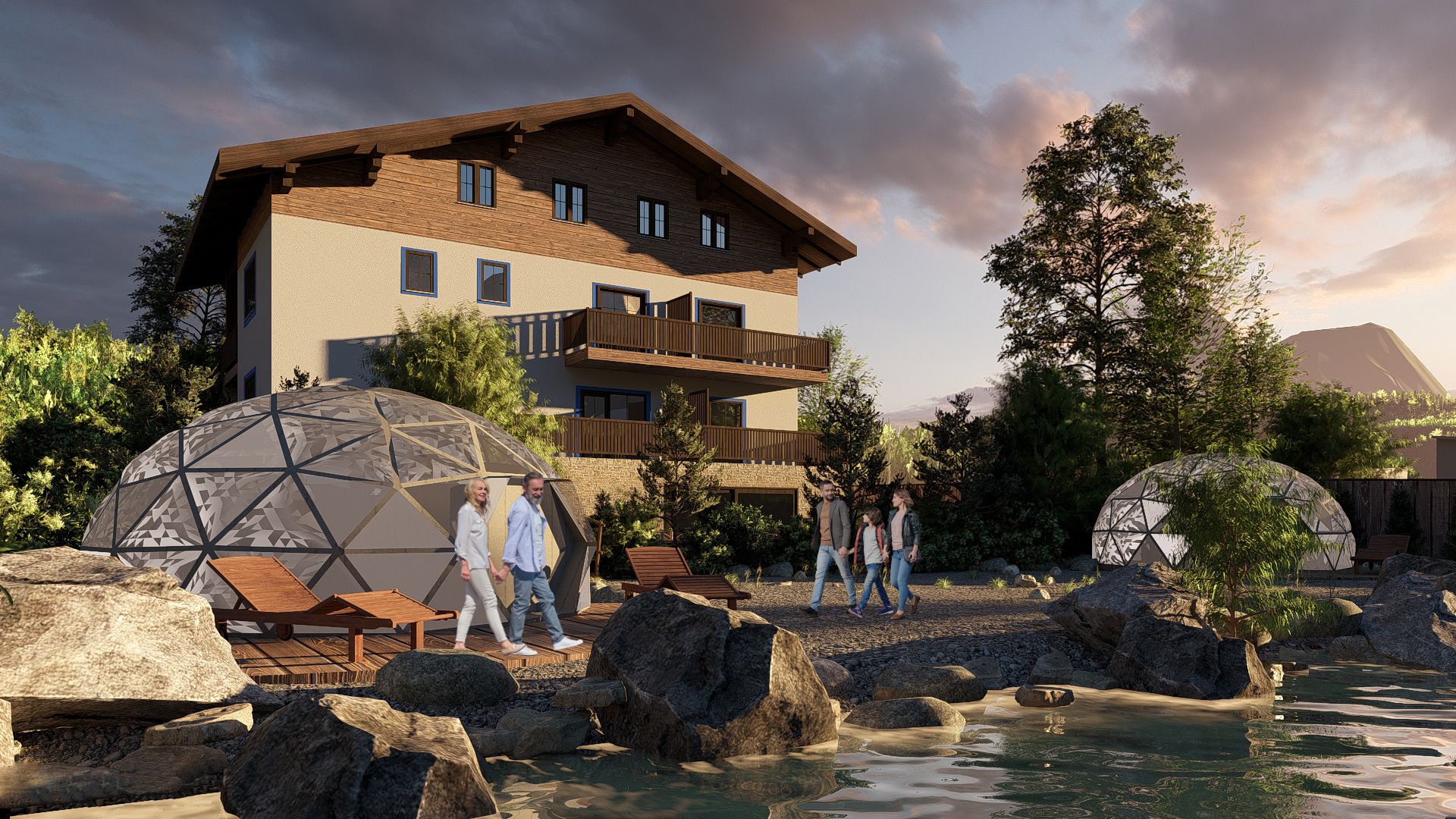 Vizualizácia alpského hotela z BIM modelu — nová ubytovacia časť a exteriérové wellness kupoly